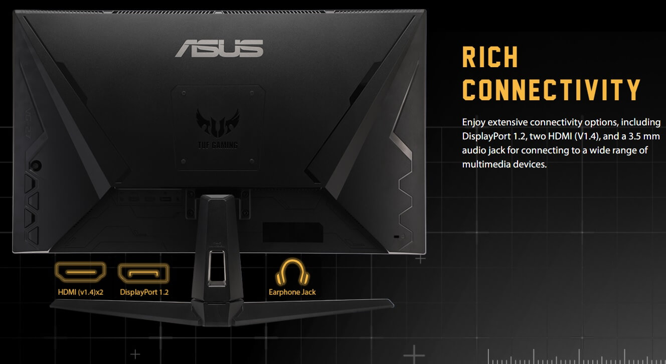 màn hình trang bị một cổng DisplayPort 1.2, hai cổng HDMI (V2.0) và giắc âm thanh 3,5 mm.