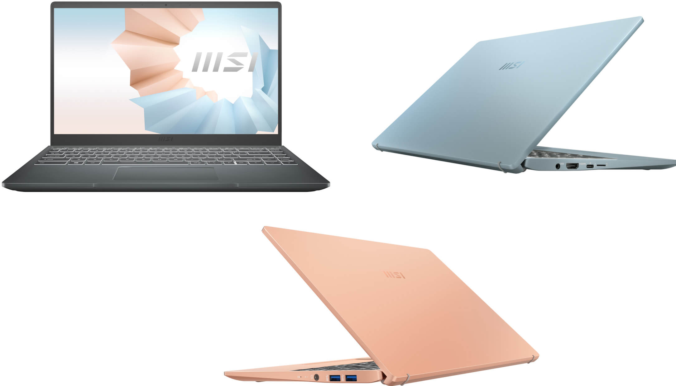 MSI Modern 14 - Xám Carbon, MSI Modern 14 - Xanh Bluestone và MSI Modern 14 - Màu be Mousse.