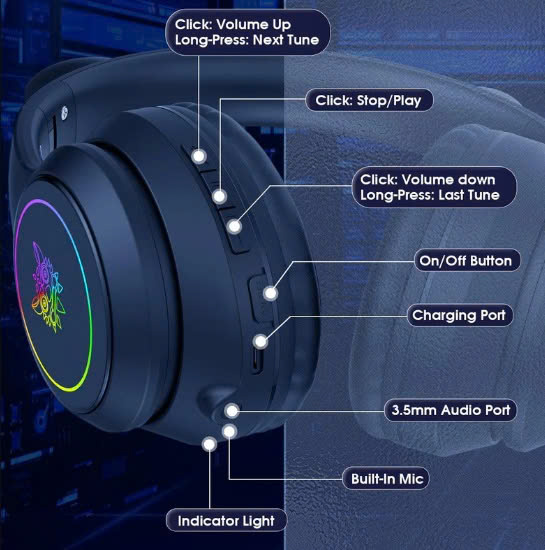 Nút điều khiển của tai nghe Onikuma B90 RGB Cat Ear