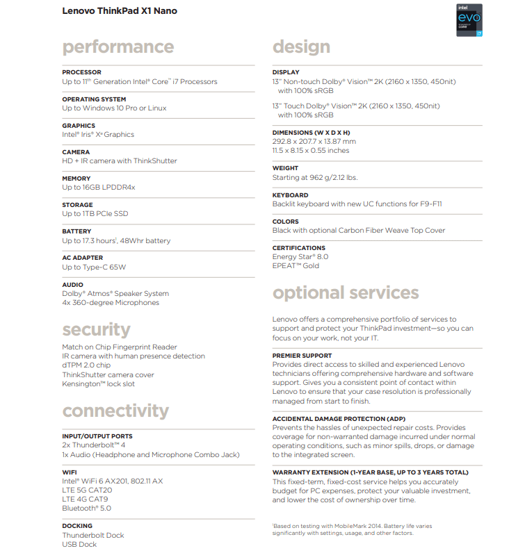 thông số spece của Lenovo ThinkPad X1 Nano