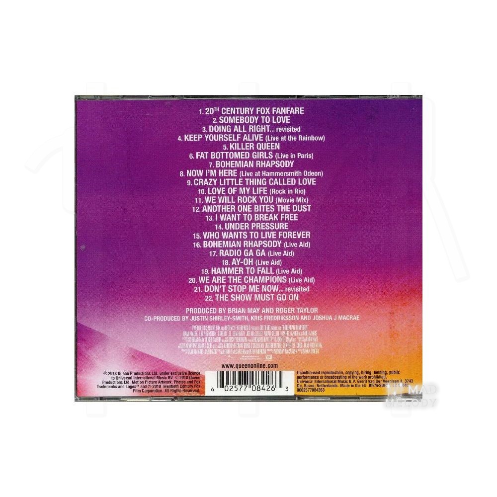 Bìa sau Đĩa CD album nhạc Queen - Bohemian Rhapsody 2018 Soundtrack