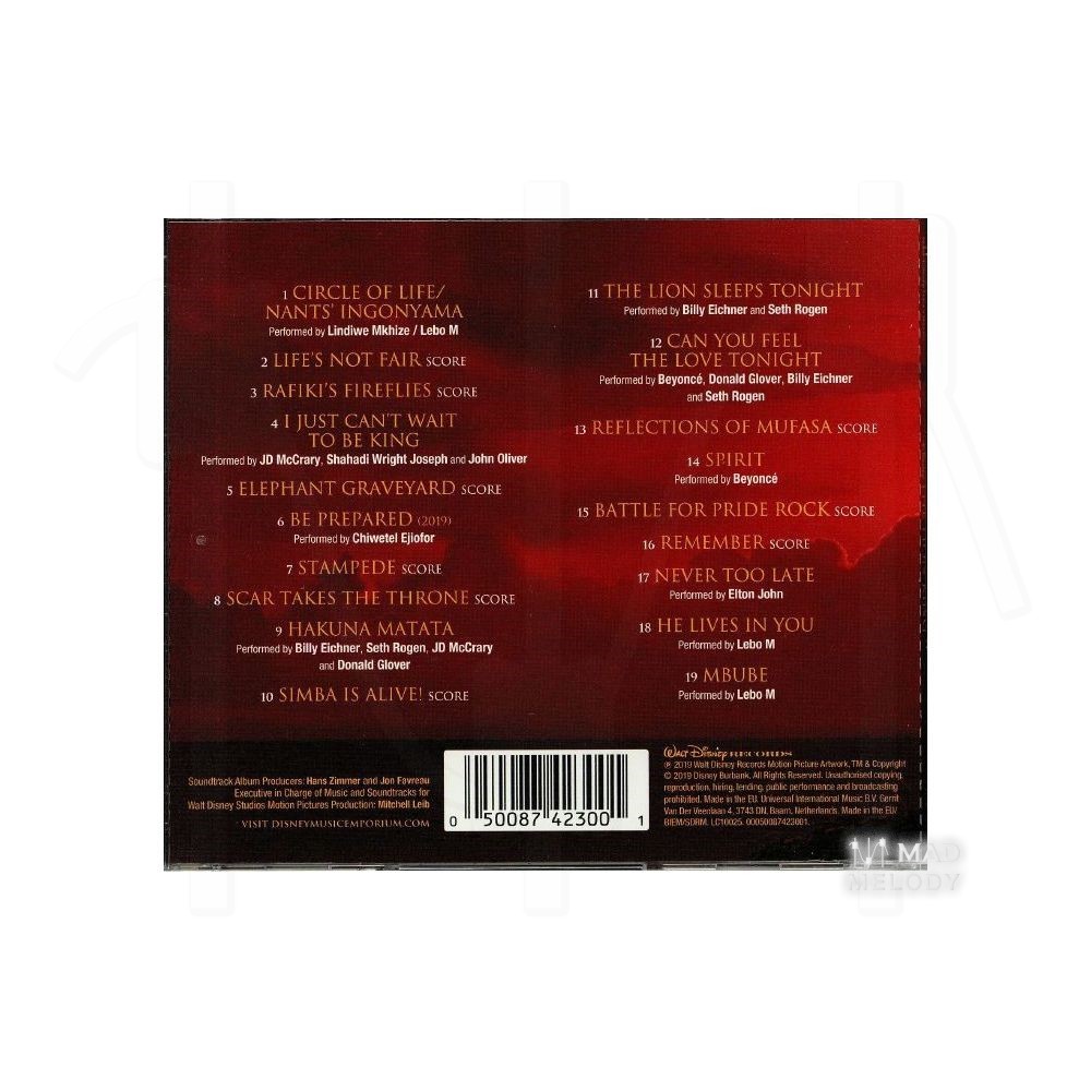 Bìa sau Đĩa CD album nhạc Various Artists - The Lion King 2019 Soundtrack
