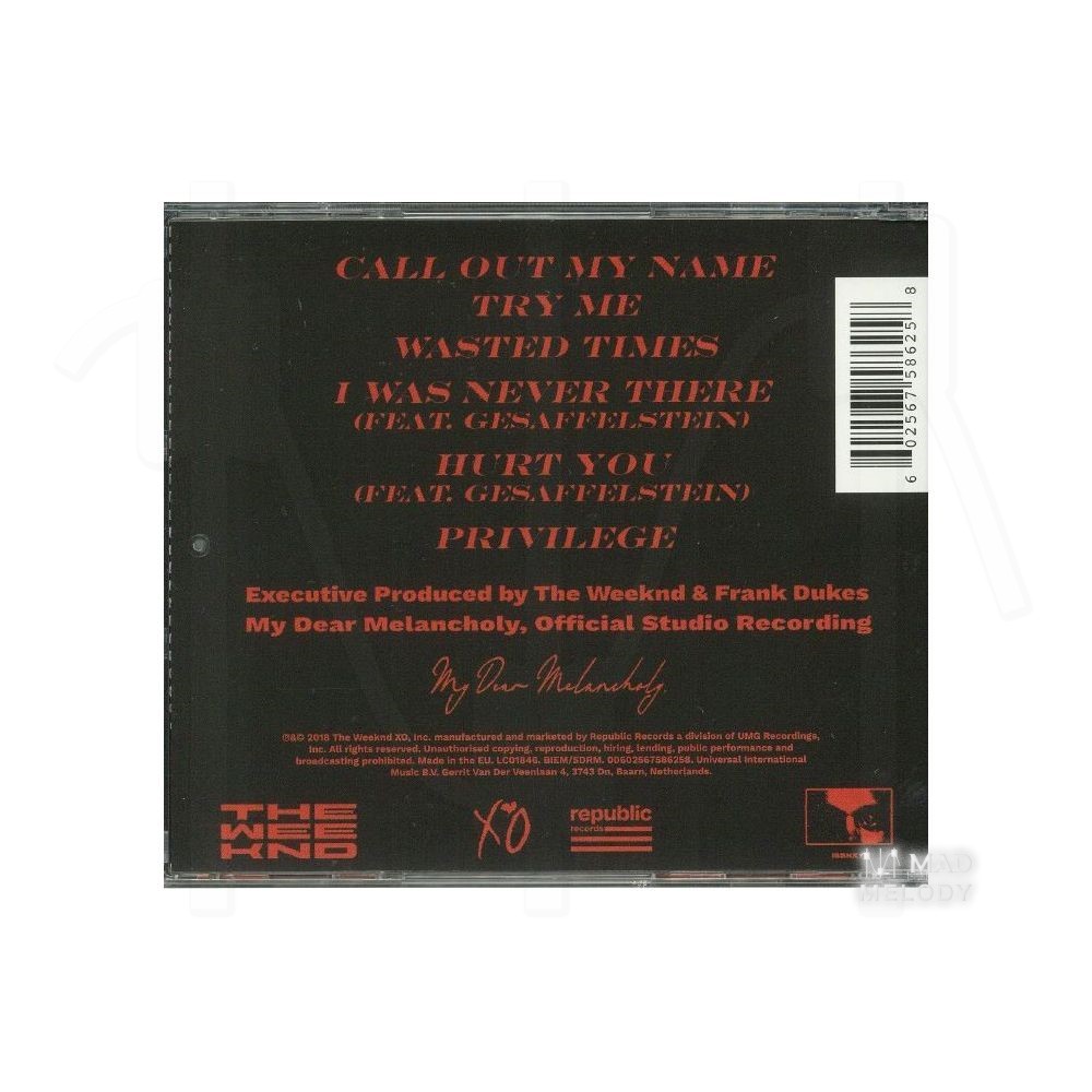 Bìa sau Đĩa CD EP nhạc The Weeknd - My Dear Melancholy, 2018