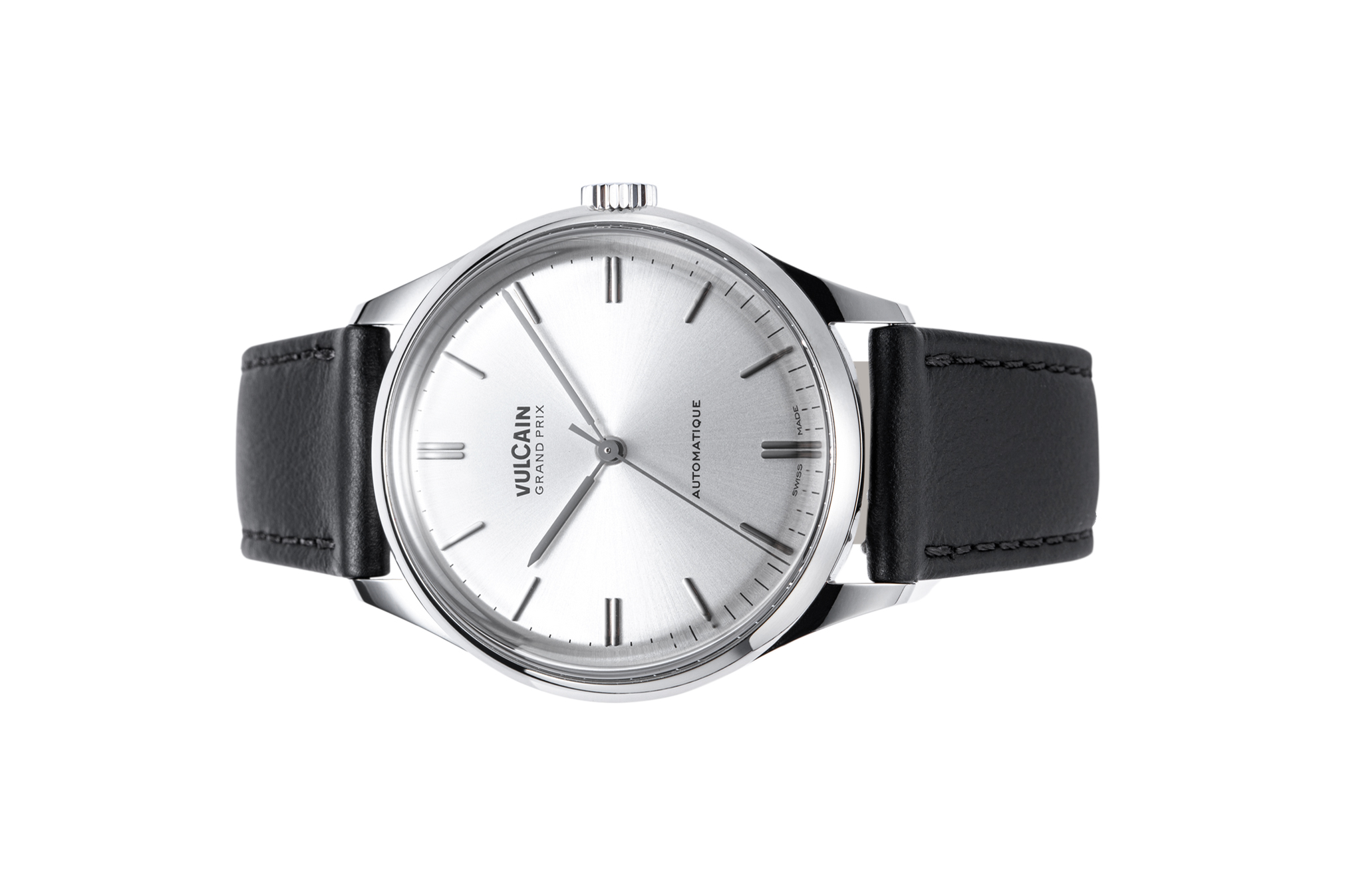 Vulcain, dòng sản phẩm Grand Prix, Ref no: 670171A50.BAC201, mặt số màu bạc size 39mm, máy tự động, vỏ đồng hồ thép không gỉ 316L, dây da bê màu đen, hàng mới 100%