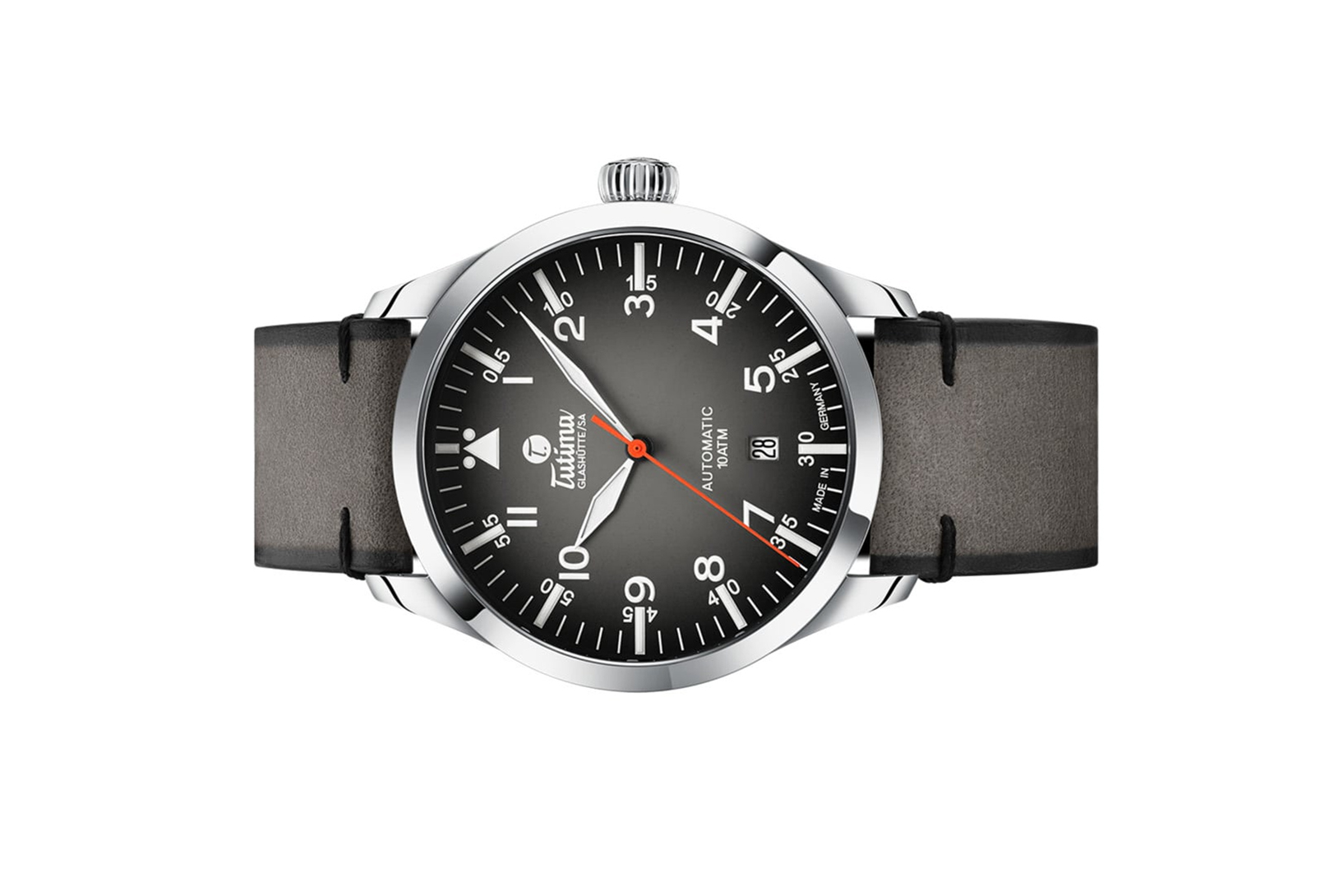 Tutima, dòng sản phẩm Grand Flieger, Ref no: 6105-31, mặt số xám size 41mm, máy tự động, vỏ đồng hồ bằng thép không gỉ và dây da bê màu xám, hàng mới 100%