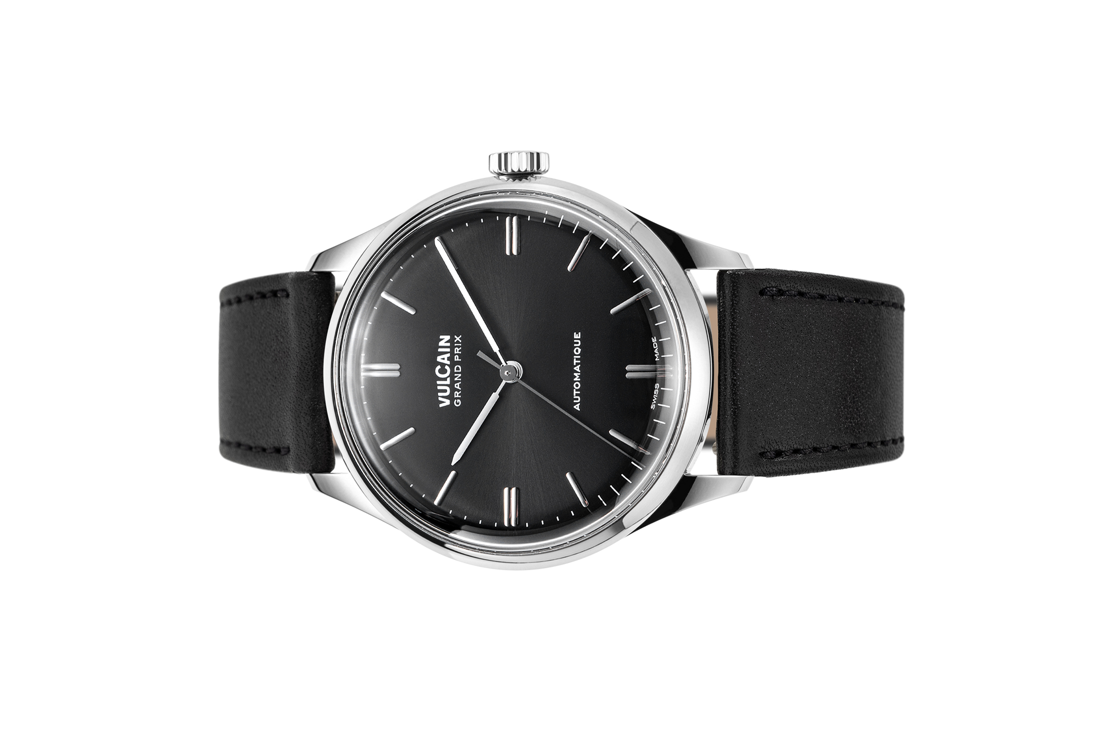 Vulcain, dòng sản phẩm Grand Prix, Ref no: 670171A00.BAC201, mặt số màu đen size 39mm, máy tự động, vỏ đồng hồ thép không gỉ 316L, dây da bê màu đen, hàng mới 100%