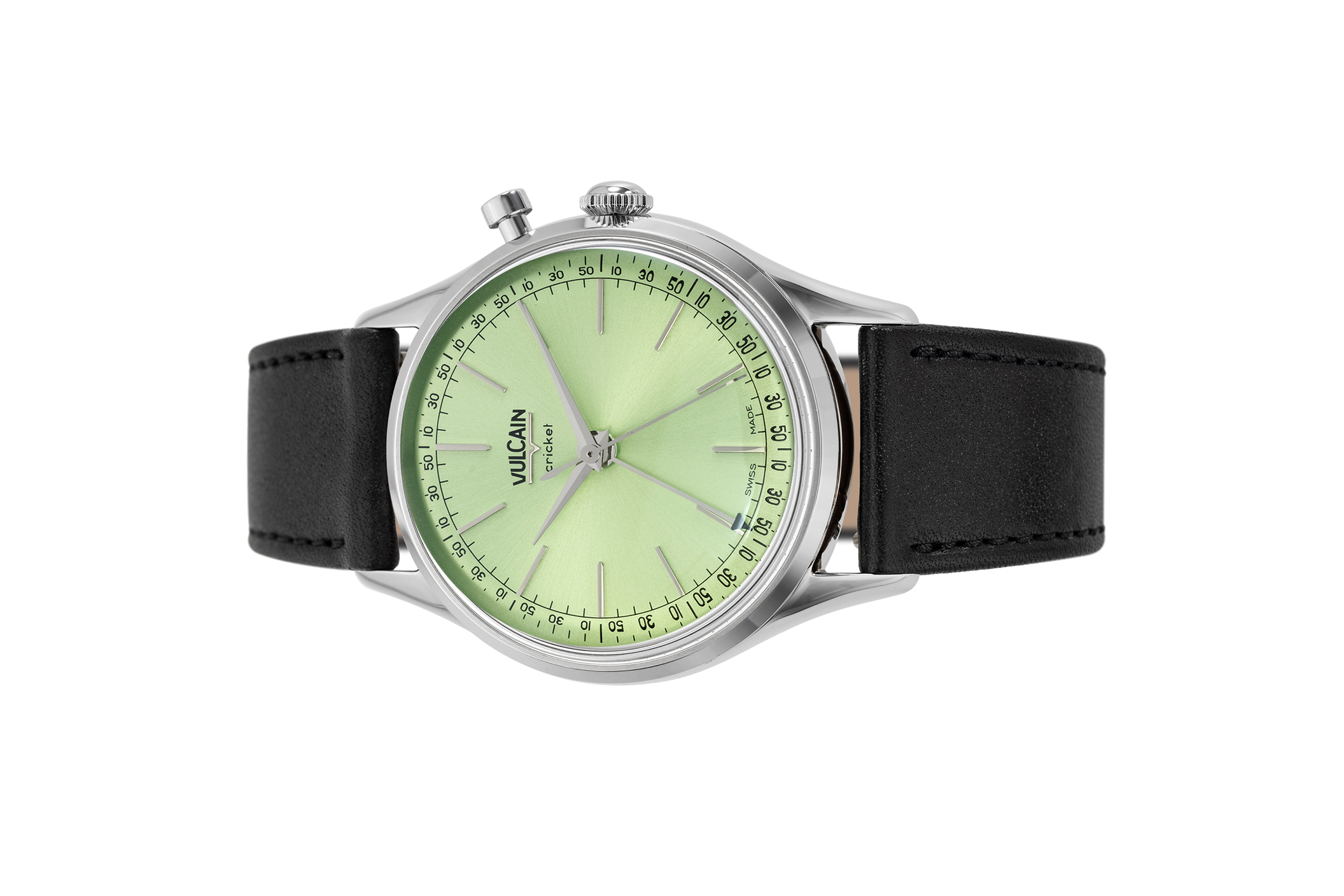 Vulcain, dòng sp Cricket President, Ref no: 100172A90.BAC301, mặt số màu xanh lá Pistachio size 36mm, máy lên cót tay, vỏ thép không gỉ 316L, dây da bê màu đen, mới 100%