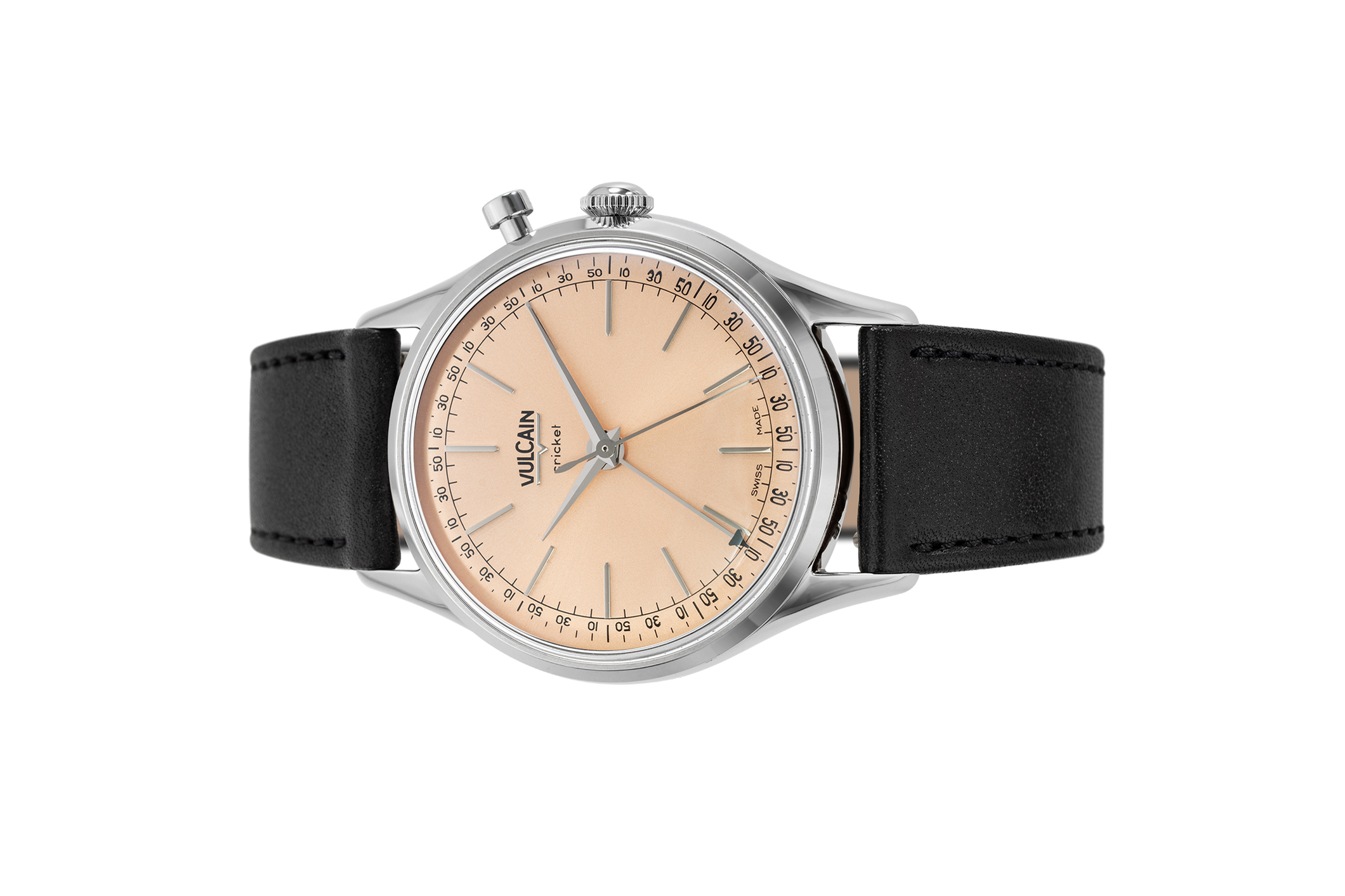Vulcain, dòng sản phẩm Cricket President, Ref no: 100273A80.BAC201, mặt số màu cá hồi size 39mm, máy lên cót tay, vỏ đồng hồ thép không gỉ 316L, dây da bê màu đen, mới 100%