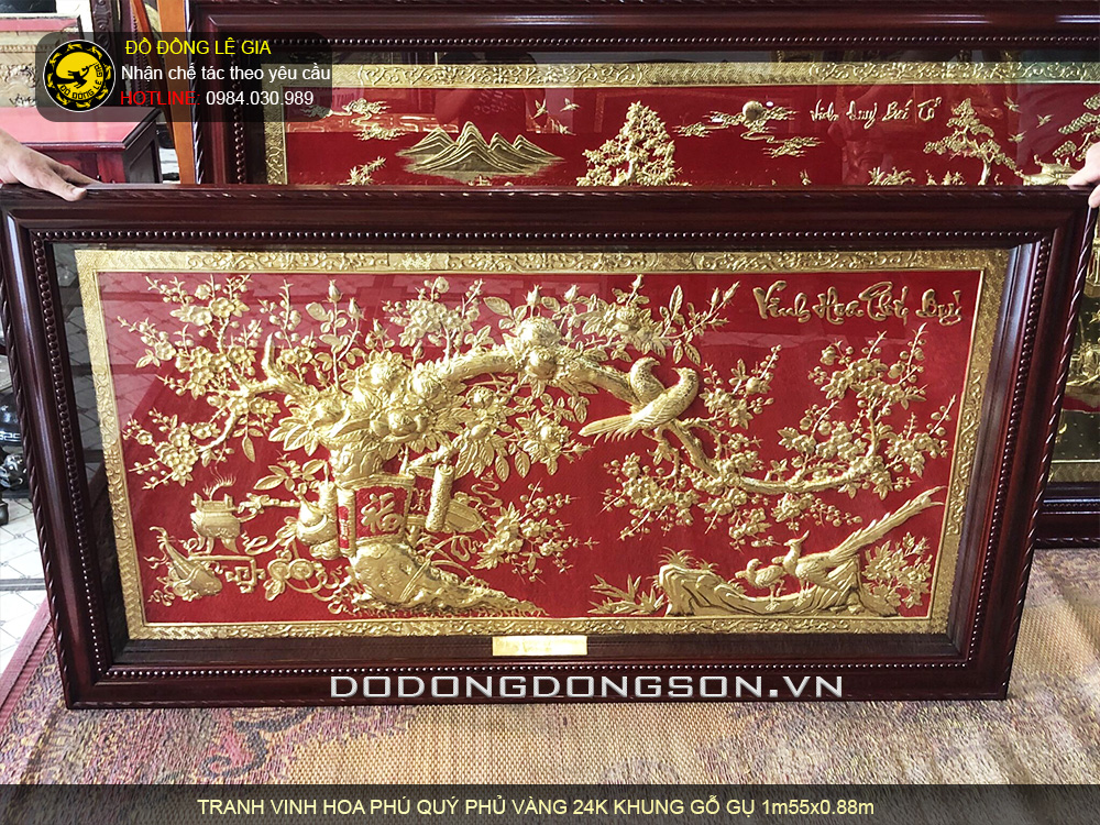 tranh vinh hoa phú quý bằng đồng mạ vàng 24k nền đỏ