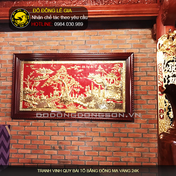 Treo tranh vinh quy bái tổ bằng đồng mạ vàng 24k nền đỏ