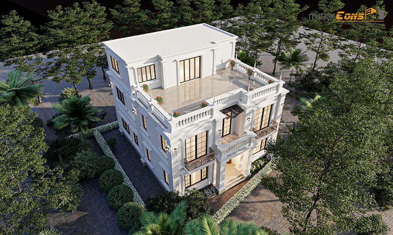 Tổng quan 3D công trình thiết kế biệt thự 3 tầng hiện đại 15x16,5m