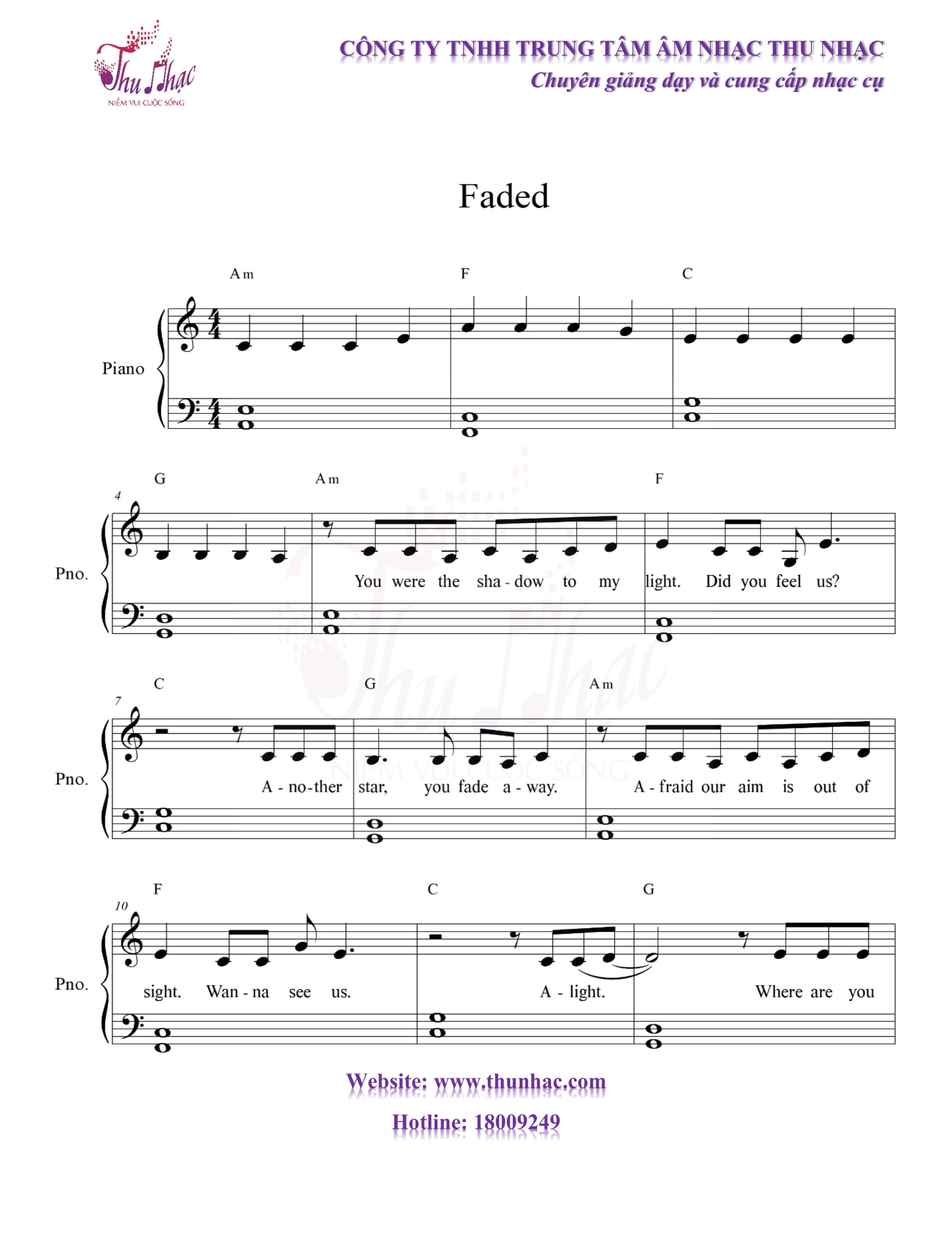 Sheet, nốt nhạc piano Faded có hợp âm