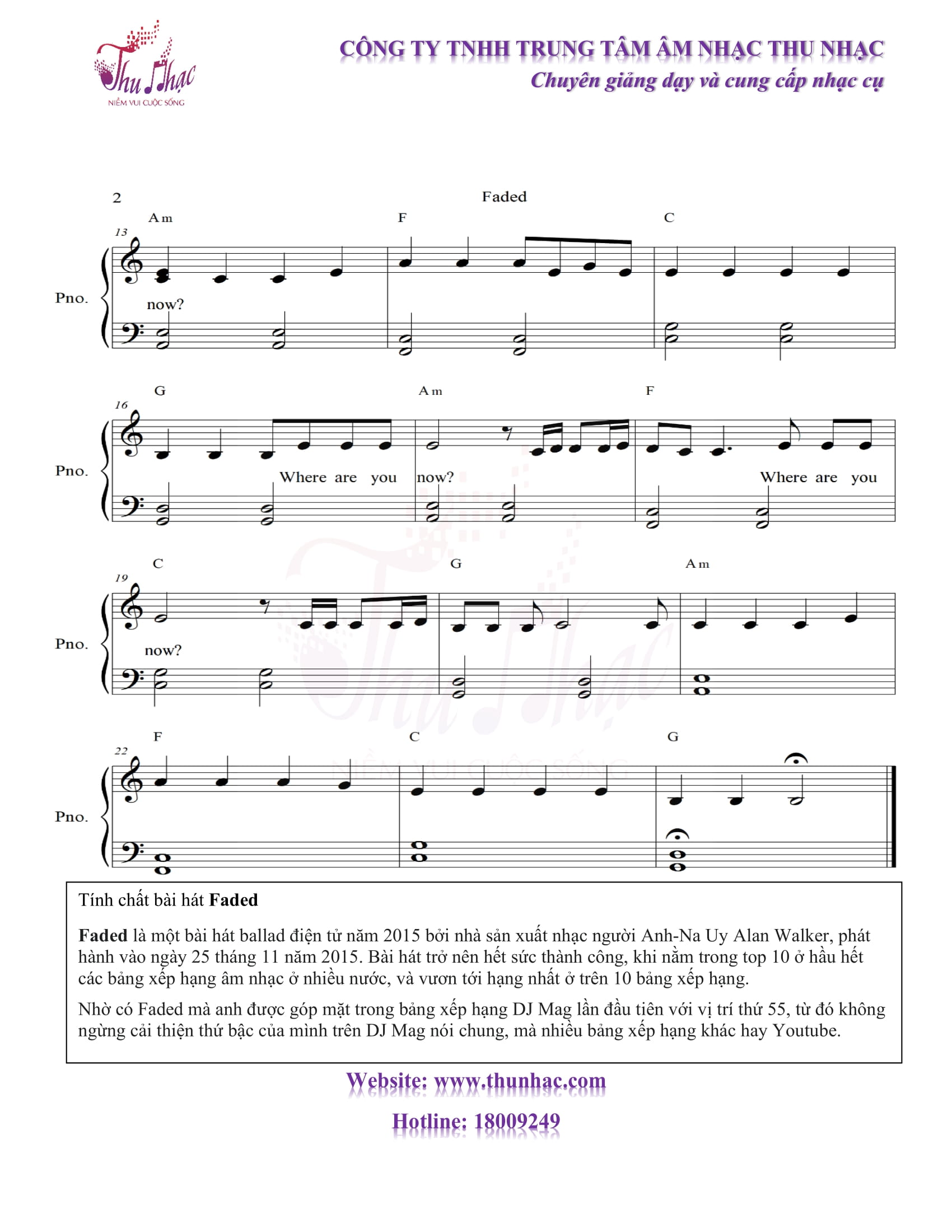 Sheet, nốt nhạc piano Faded có hợp âm