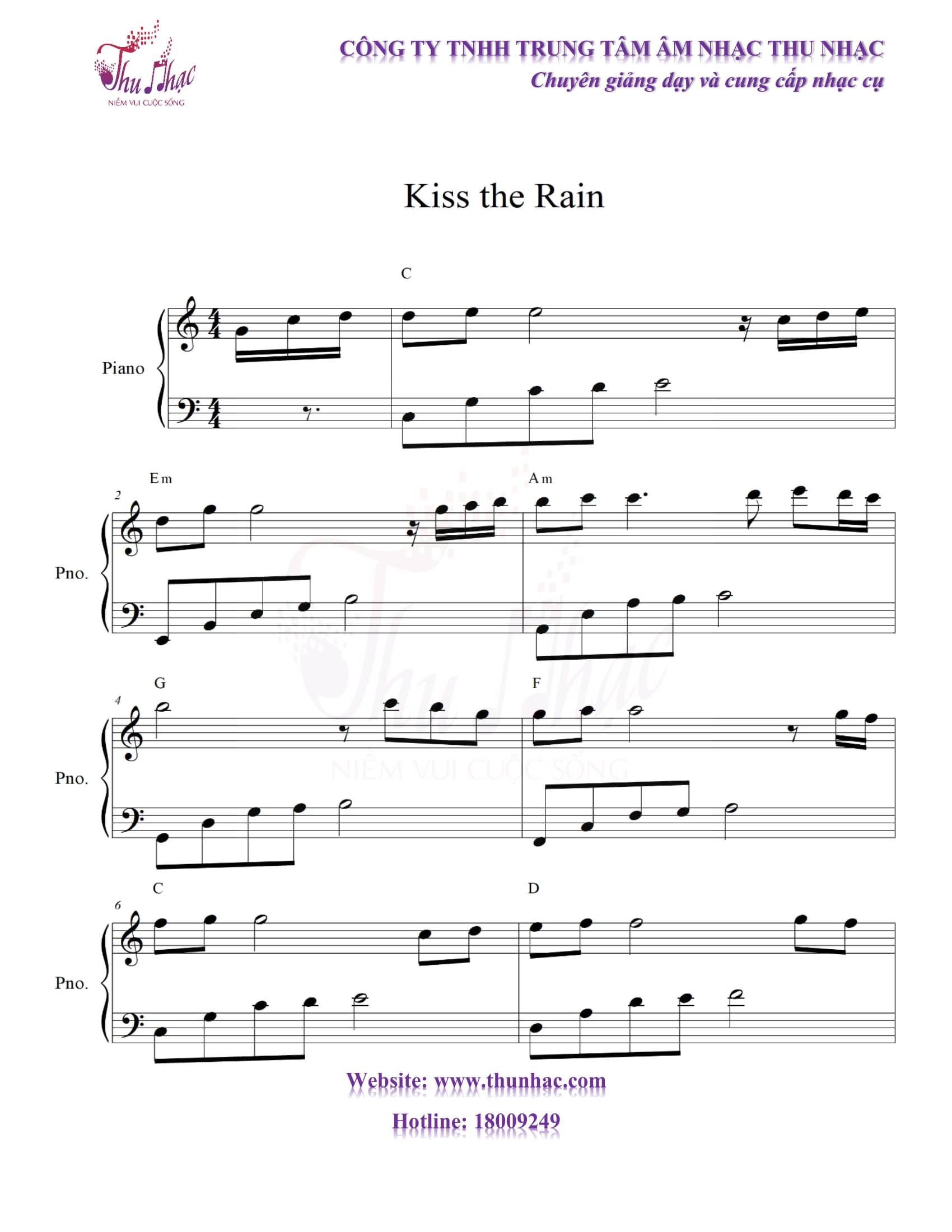 Sheet piano có hợp âm kiss the rain
