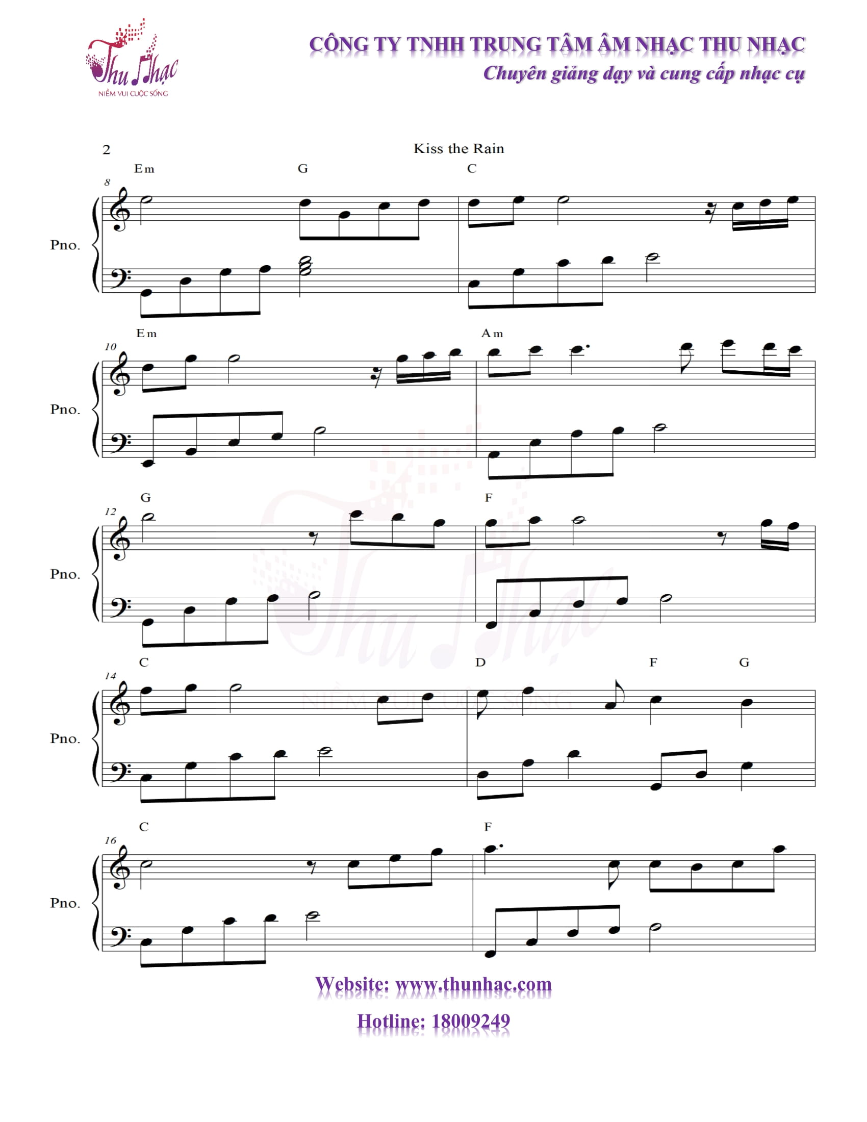 Sheet piano có hợp âm kiss the rain