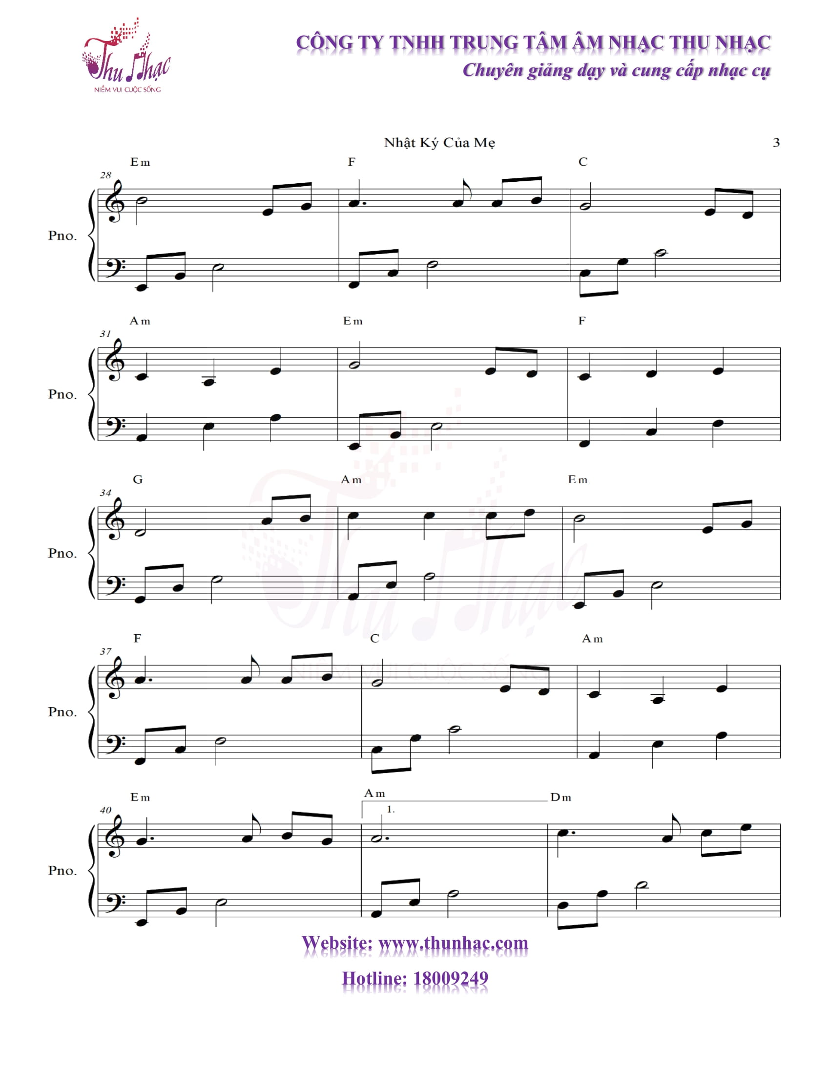 Sheet piano Nhật ký của mẹ