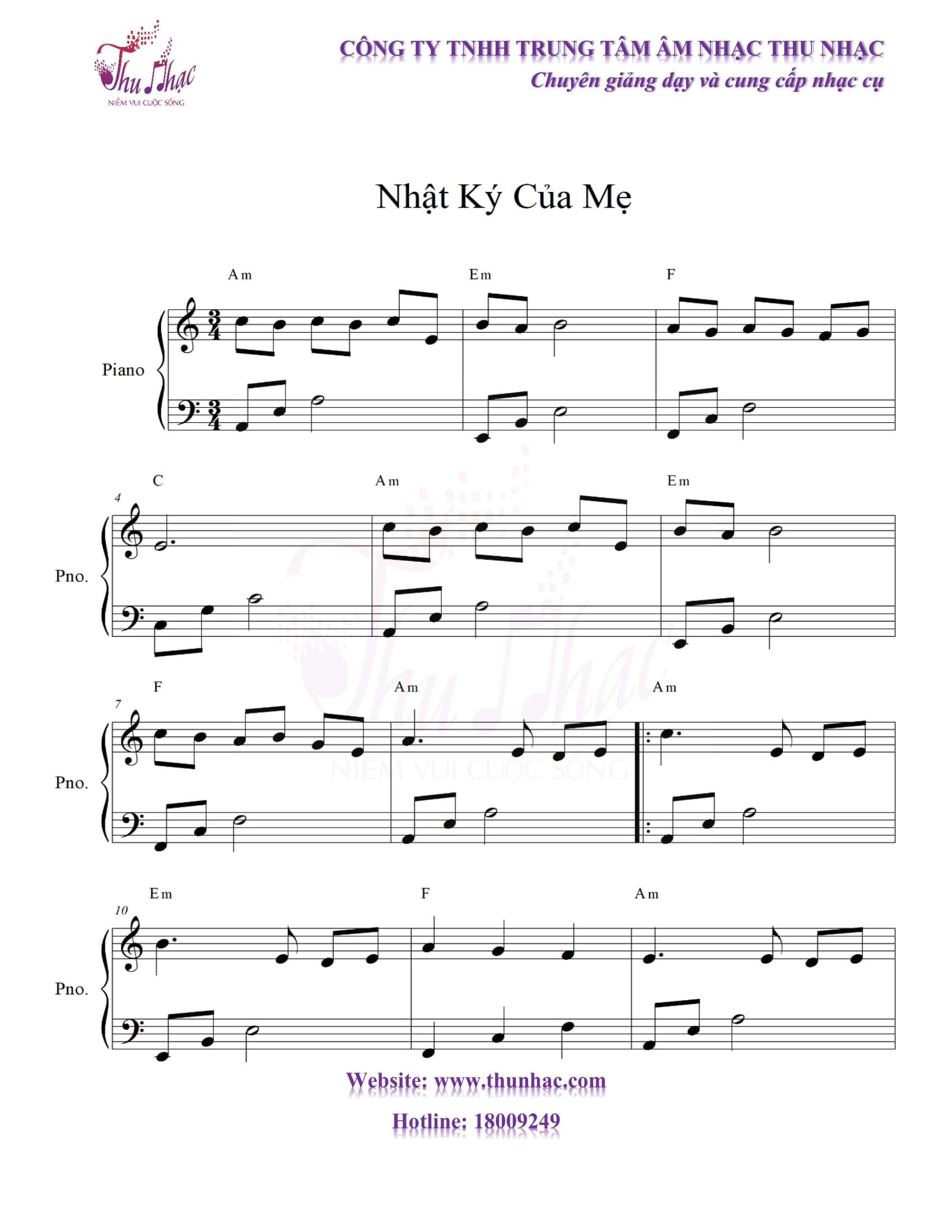 Sheet piano Nhật ký của mẹ