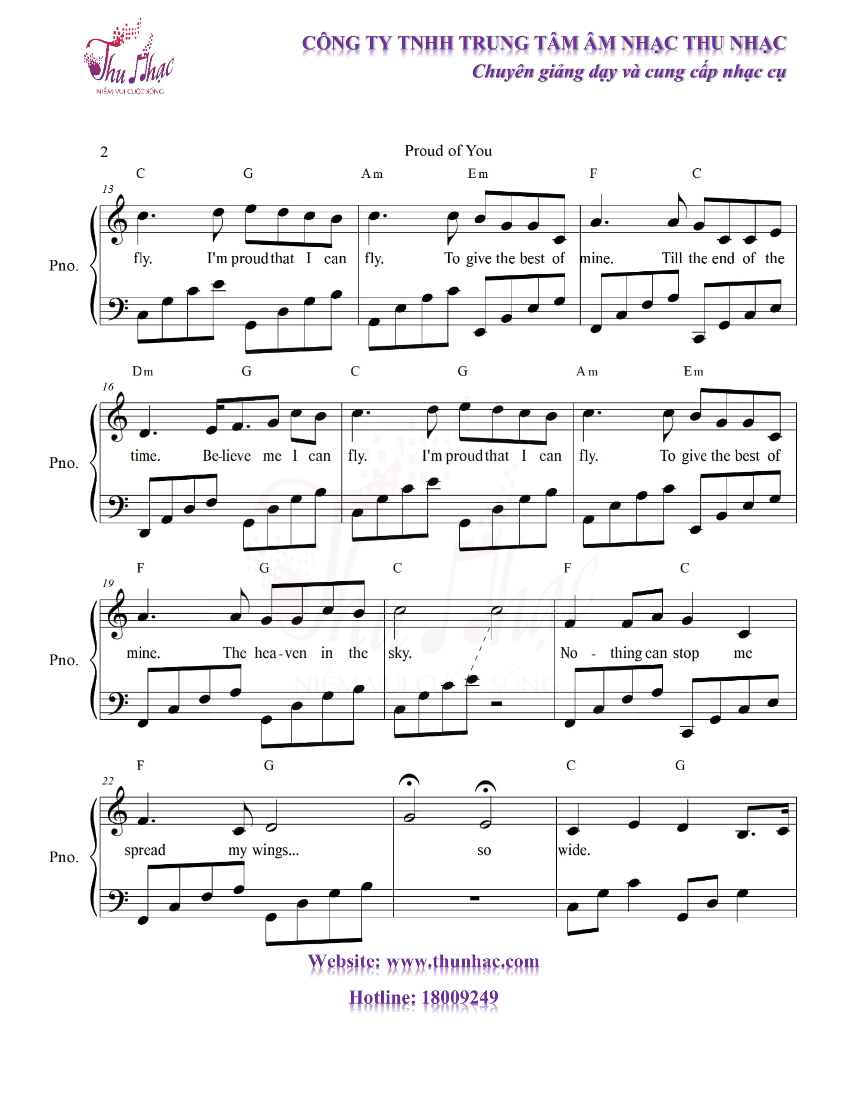 Sheet piano Proud of You có hợp âm