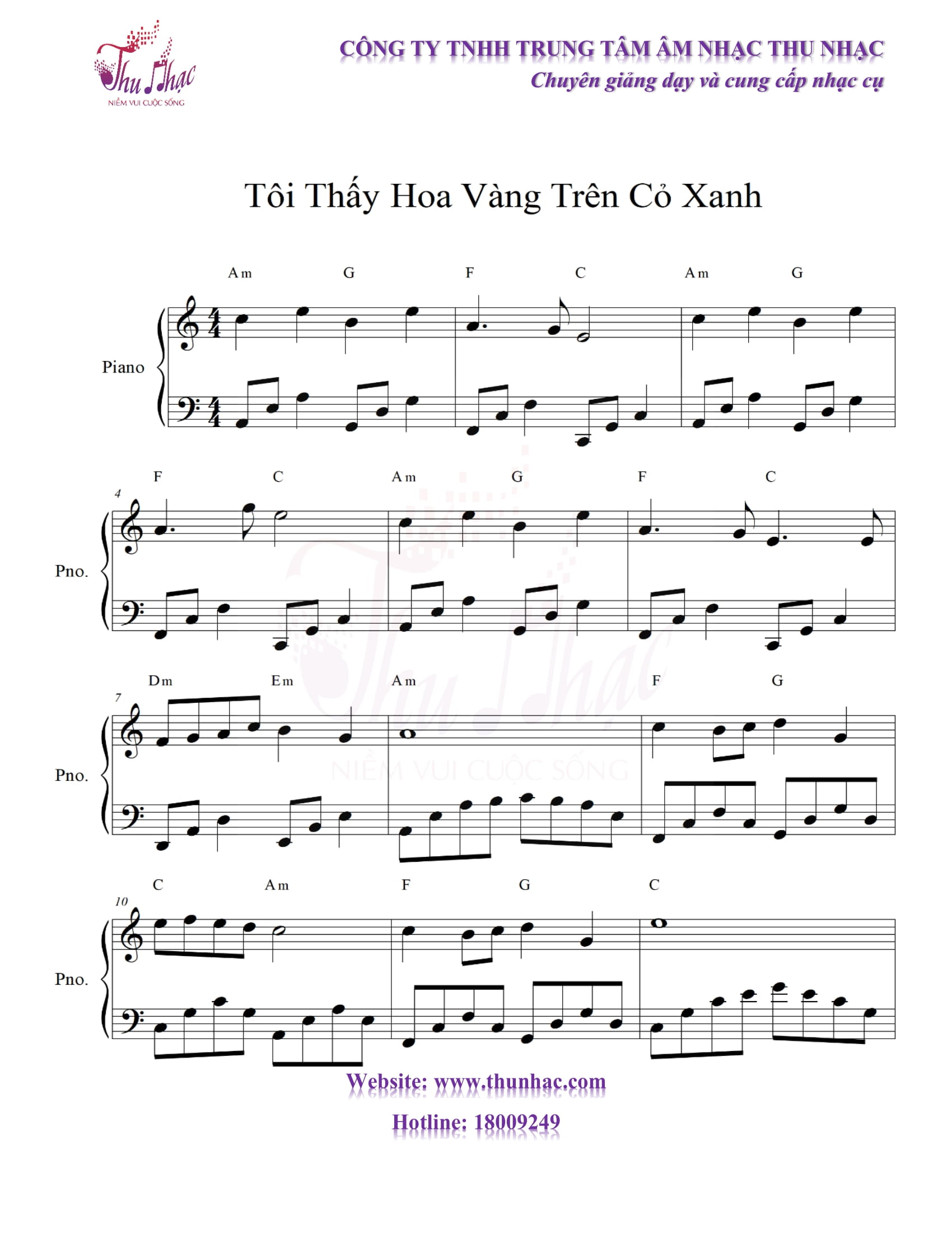 Sheet piano Tôi thấy hoa vàng trên cỏ xanh có hợp âm