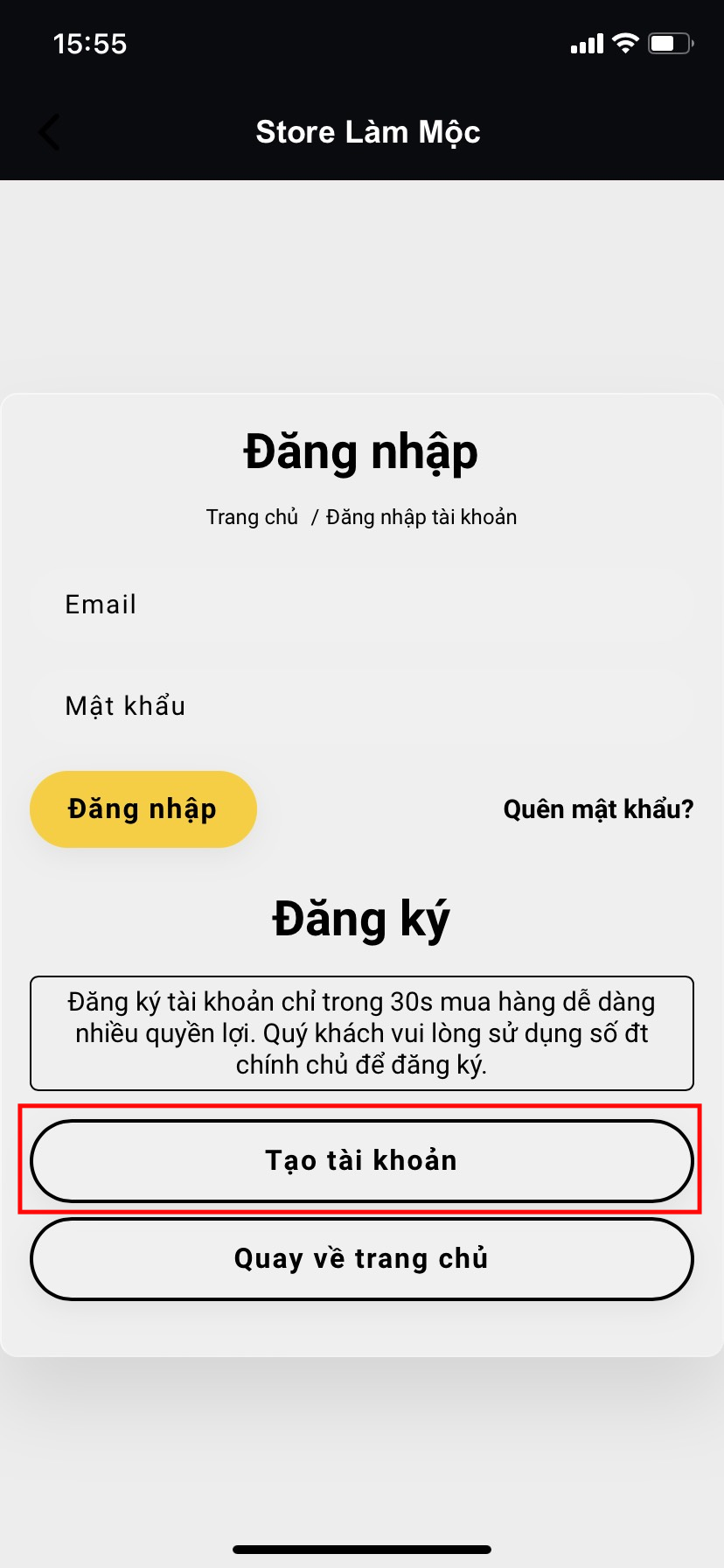 B2 Bấm vào tạo tài khoản trên điện thoại