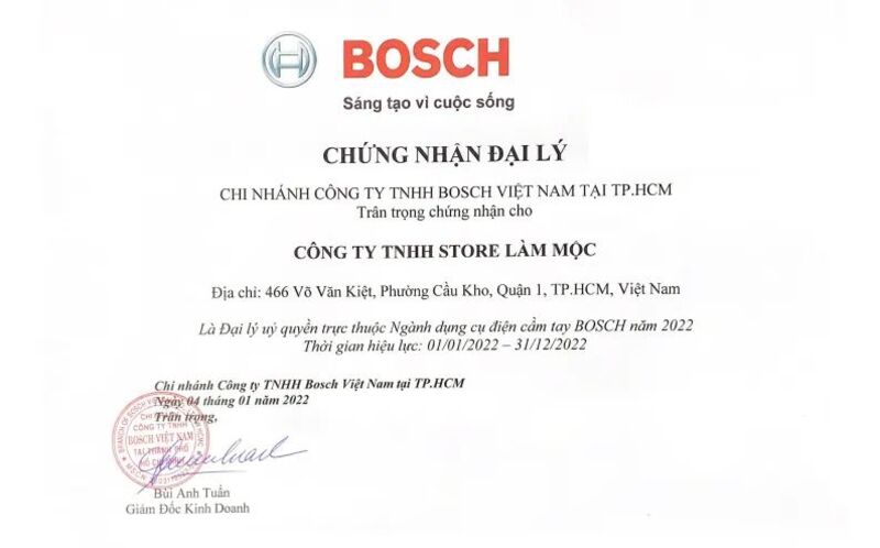 chứng nhận đại lý máy khoan pin bosch