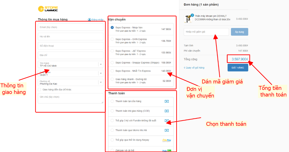 Nhập thông tin cá nhân, địa chỉ giao hàng, nhập mã giảm giá
