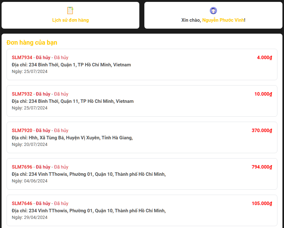 Danh sách đơn hàng