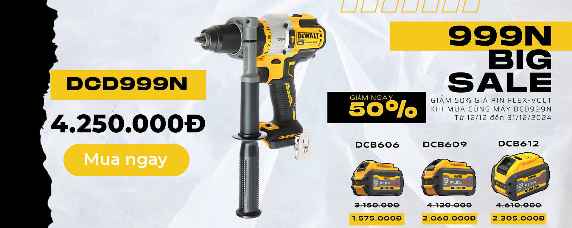 Siêu ưu đãi cuối năm: Giảm 50% Pin Flex-Volt khi mua Thân máy khoan pin Dewalt DCD999N!