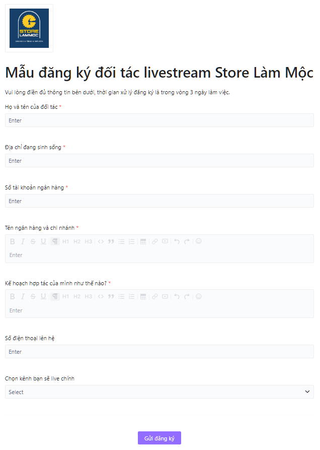 Mẫu đăng ký đối tác livestream Store Làm Mộc