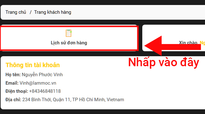 nhấp vào lịch sử đơn hàng