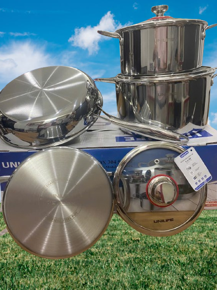 Bộ Nồi Inox 304K Liền Khối Unilife 04 Món (18-20-24cm) & Chảo Chống Dính Whitford 26cm - Nâng Tầm Căn Bếp Việt!