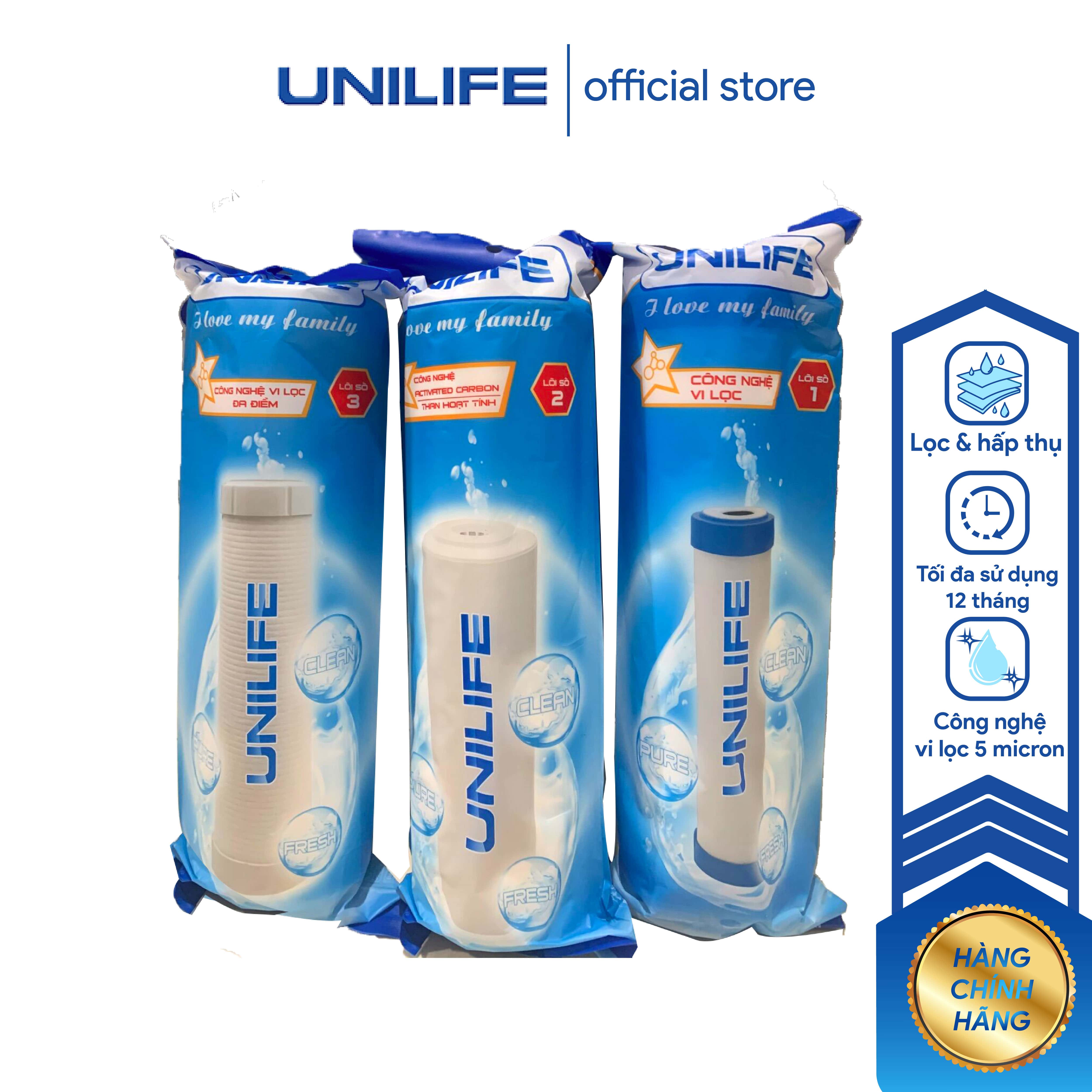 Bộ lõi lọc nước số 1, 2, 3 Unilife chính hãng, bộ lọc công nghệ lọc tinh khiết cùng than hoạt tính