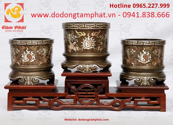 Bộ ba bát hương đồng khảm tam khí đường kính 20cm