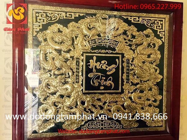 Tranh Cửu Long kèm đại tự bằng đồng mạ vàng 80x160cm