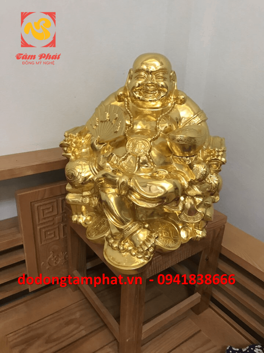 Tượng đồng Phật Di Lặc ngồi ngai rồng mạ vàng 24k