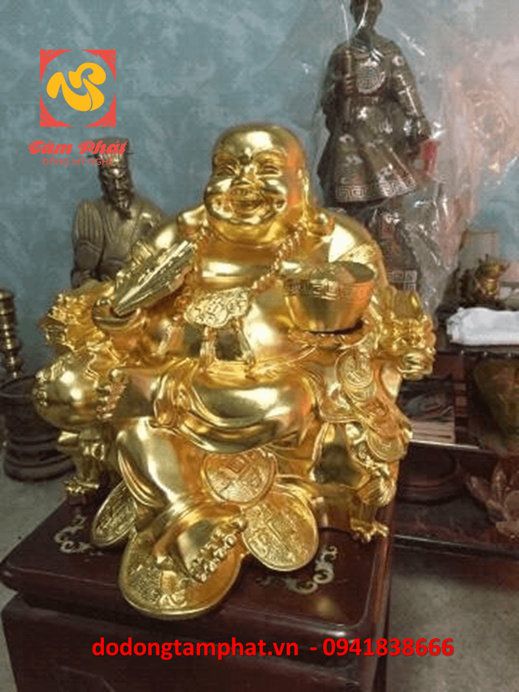 Tượng đồng Phật Di Lặc ngồi ngai rồng mạ vàng 24k
