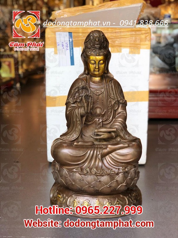 Tượng Quán Thế Âm bằng đồng đỏ điểm vàng cao 60cm