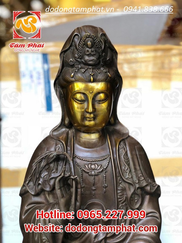 Tượng Quán Thế Âm bằng đồng đỏ điểm vàng cao 60cm