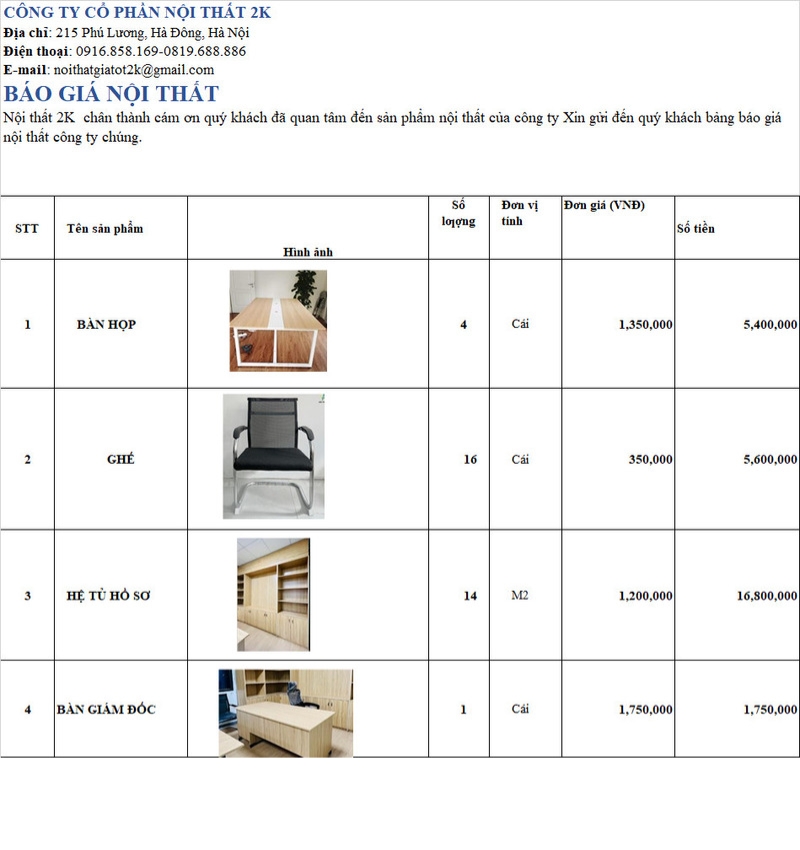 bảng báo giá nội thất 2K