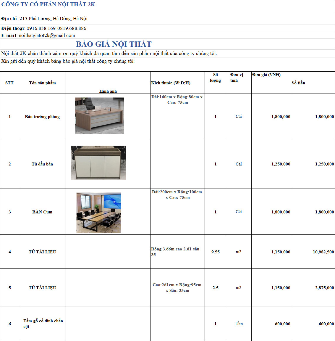 bảng giá nội thất