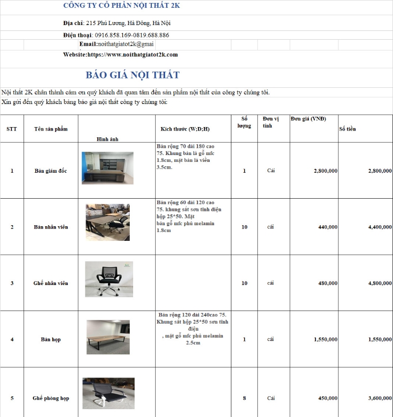 bảng giá thi công