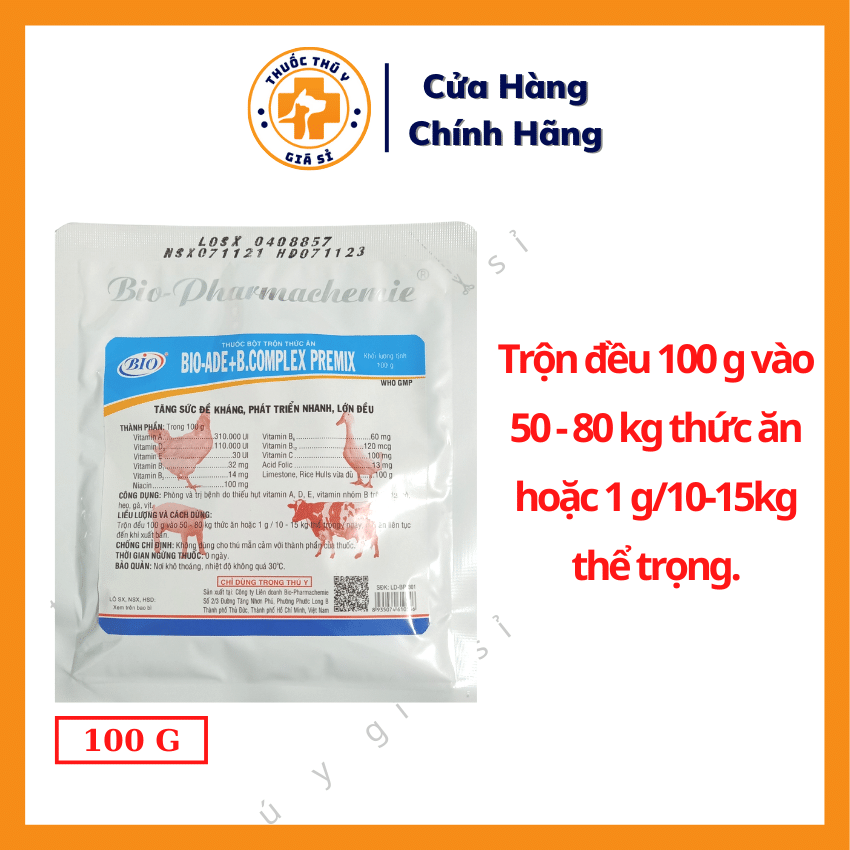 Bio ADE Bcomplex Premix 100gr chuyên trị bệnh do thiếu vitamin A,D,E