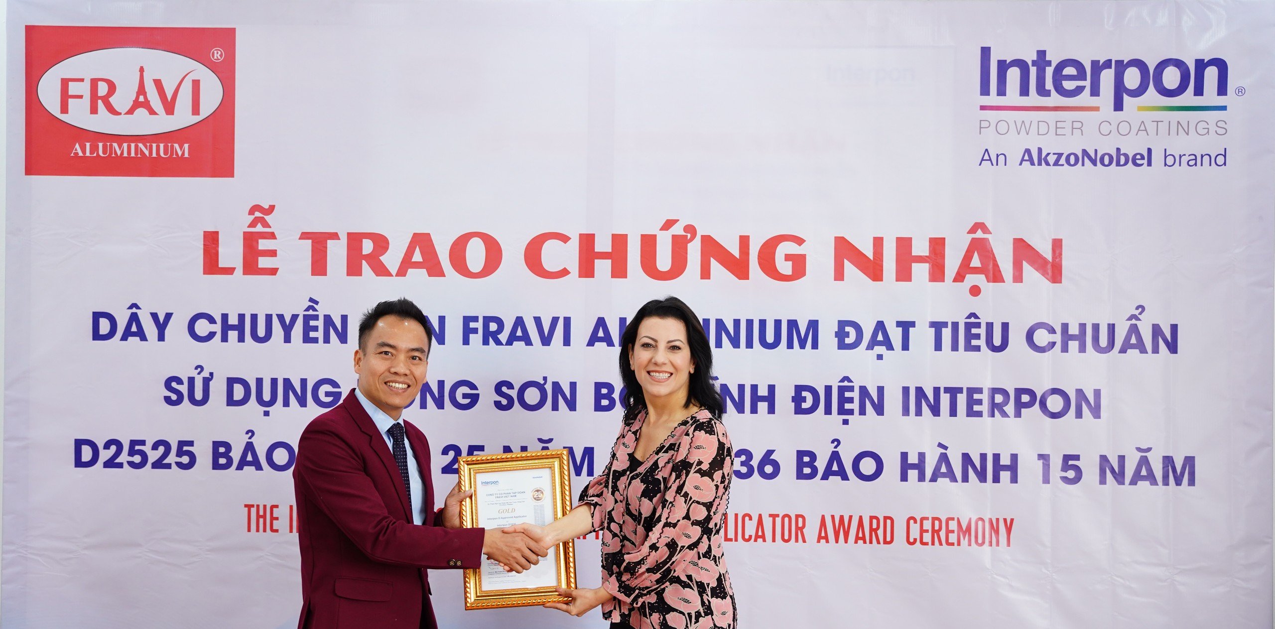 Lễ trao chứng nhận dây chuyền sơn FRAVI Aluminium đạt tiêu chuẩn sử dụng dòng sơn bột tĩnh điện interpon