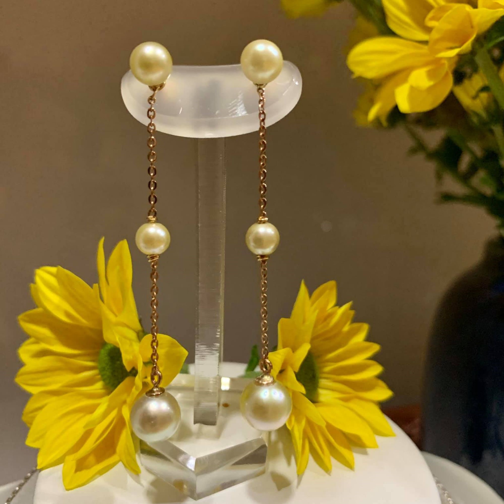 Bông Tai Ngọc Trai Cùng 6 Viên Ngọc Akoya Kết Hợp Vàng Hồng