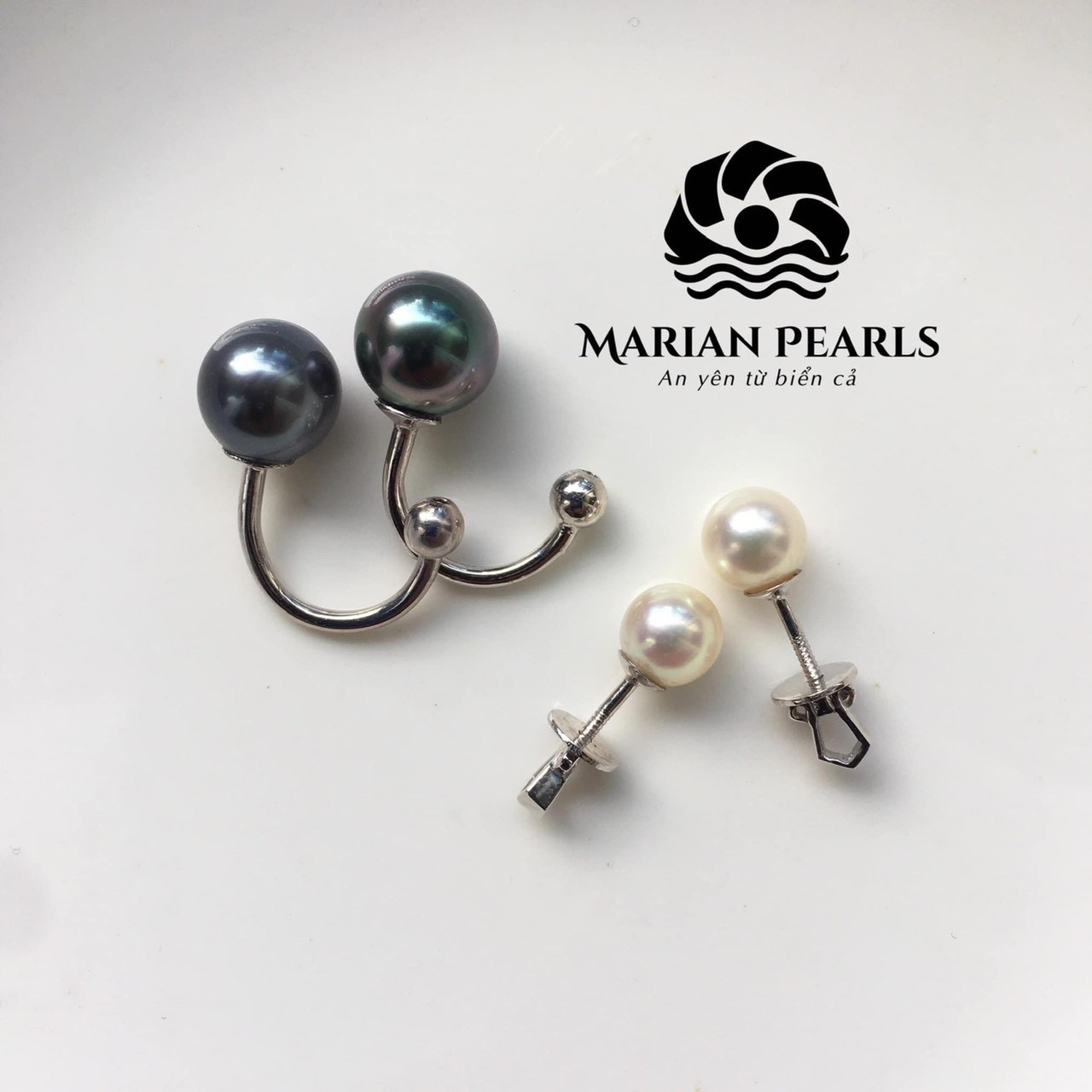 Bông tai Tahiti và Bông tai Akoya trắng thương hiệu Marian Pearls