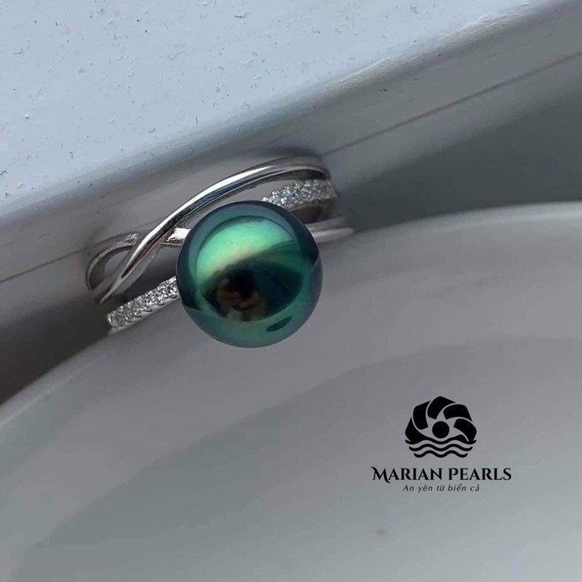 Nhẫn ngọc trai Tahiti ánh xanh