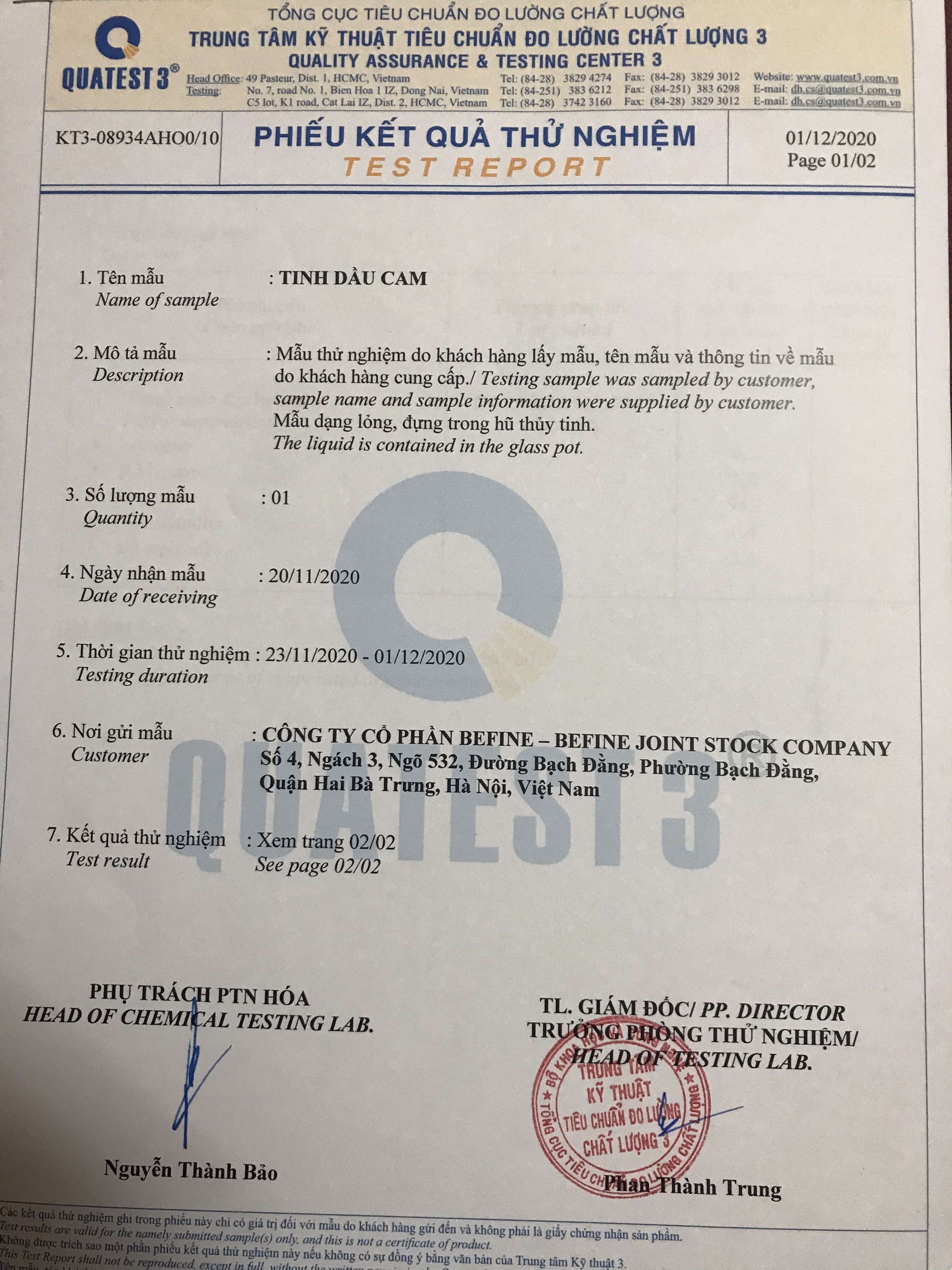 Bản Kiểm nghiệm tinh dầu