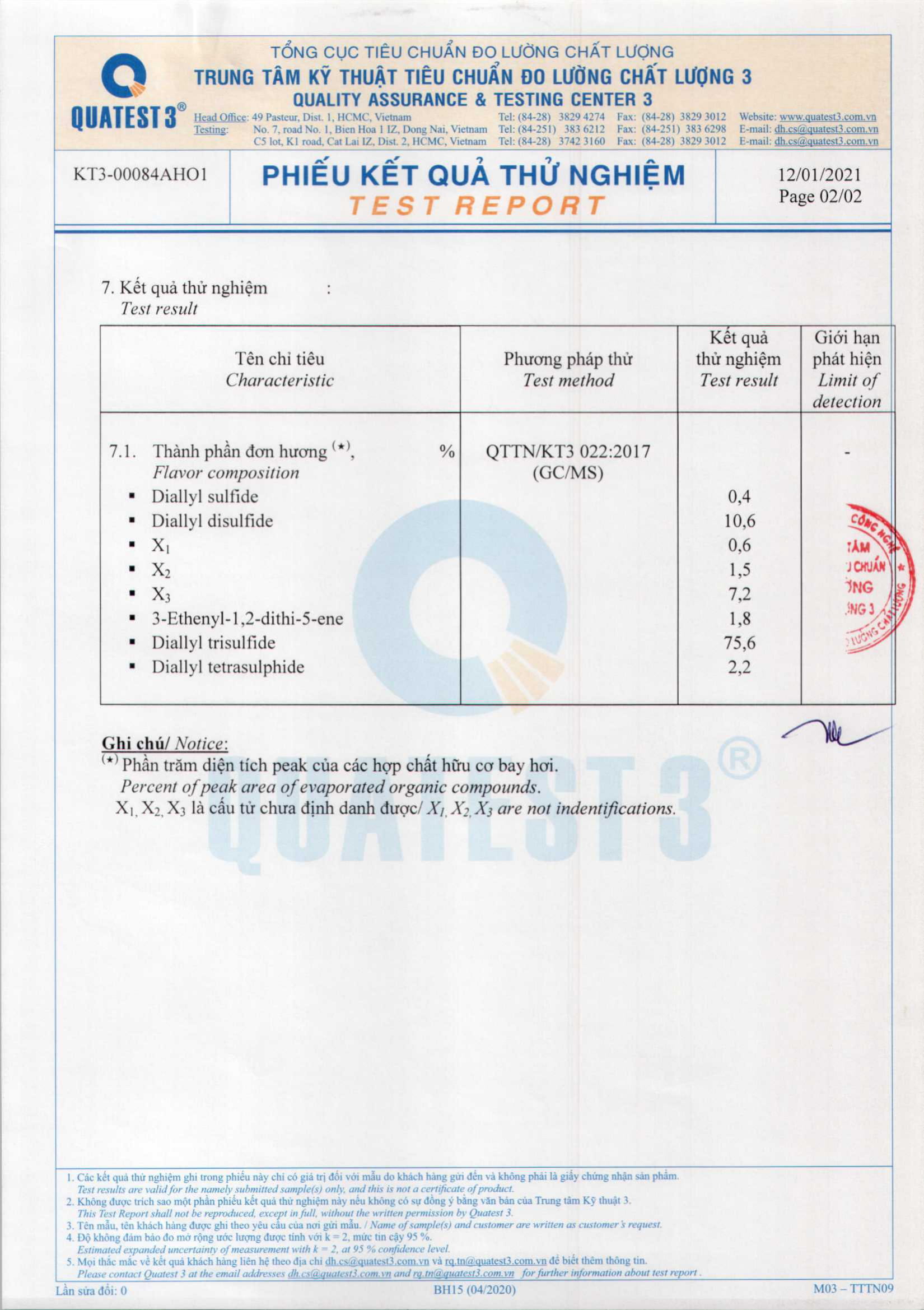 bản test kiểm nghiệm gcms hydrosol tỏi - nước cất tỏi Befine 2