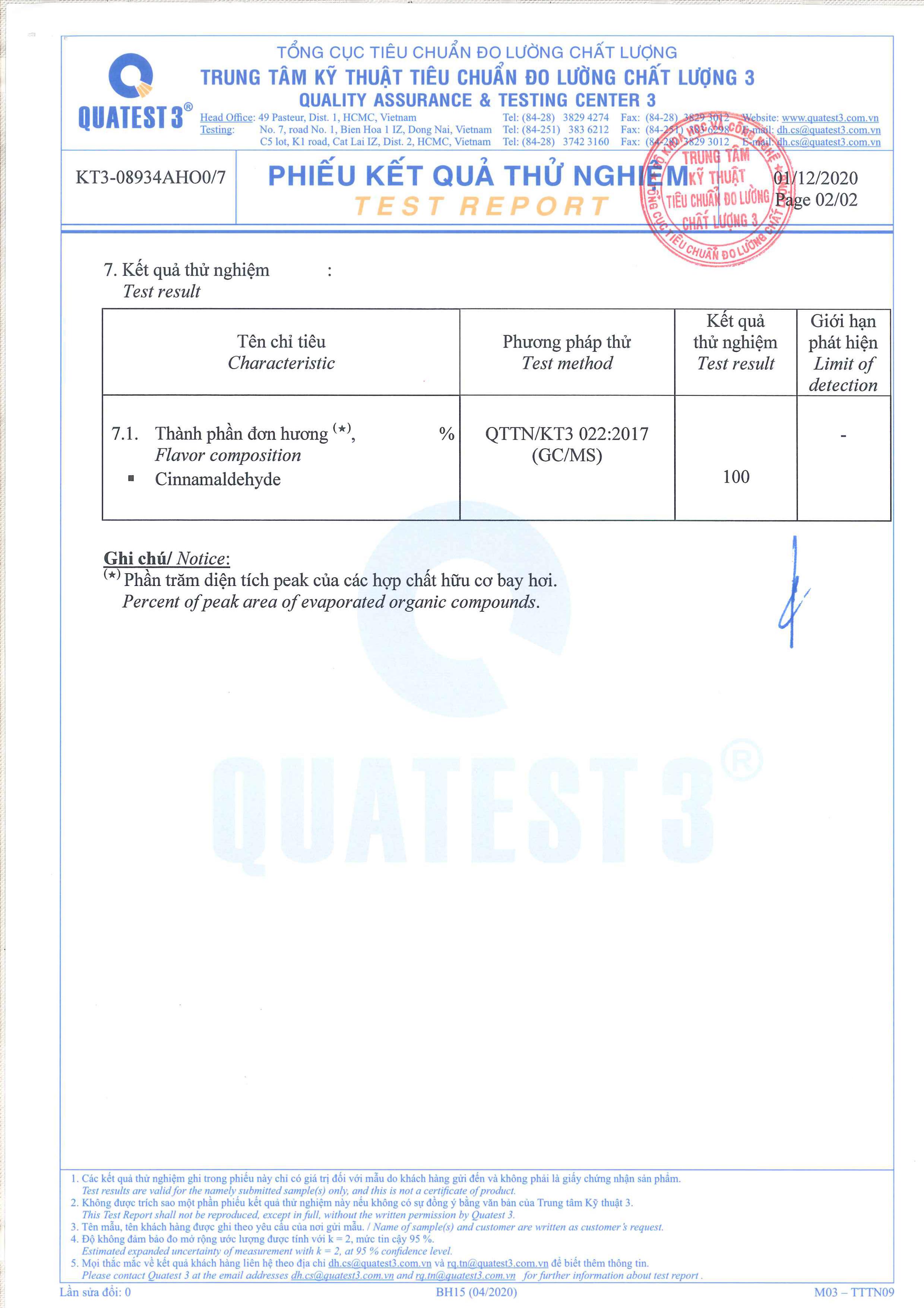 Bản kiểm nghiệm GCMS tinh dầu quế vỏ Befine 2