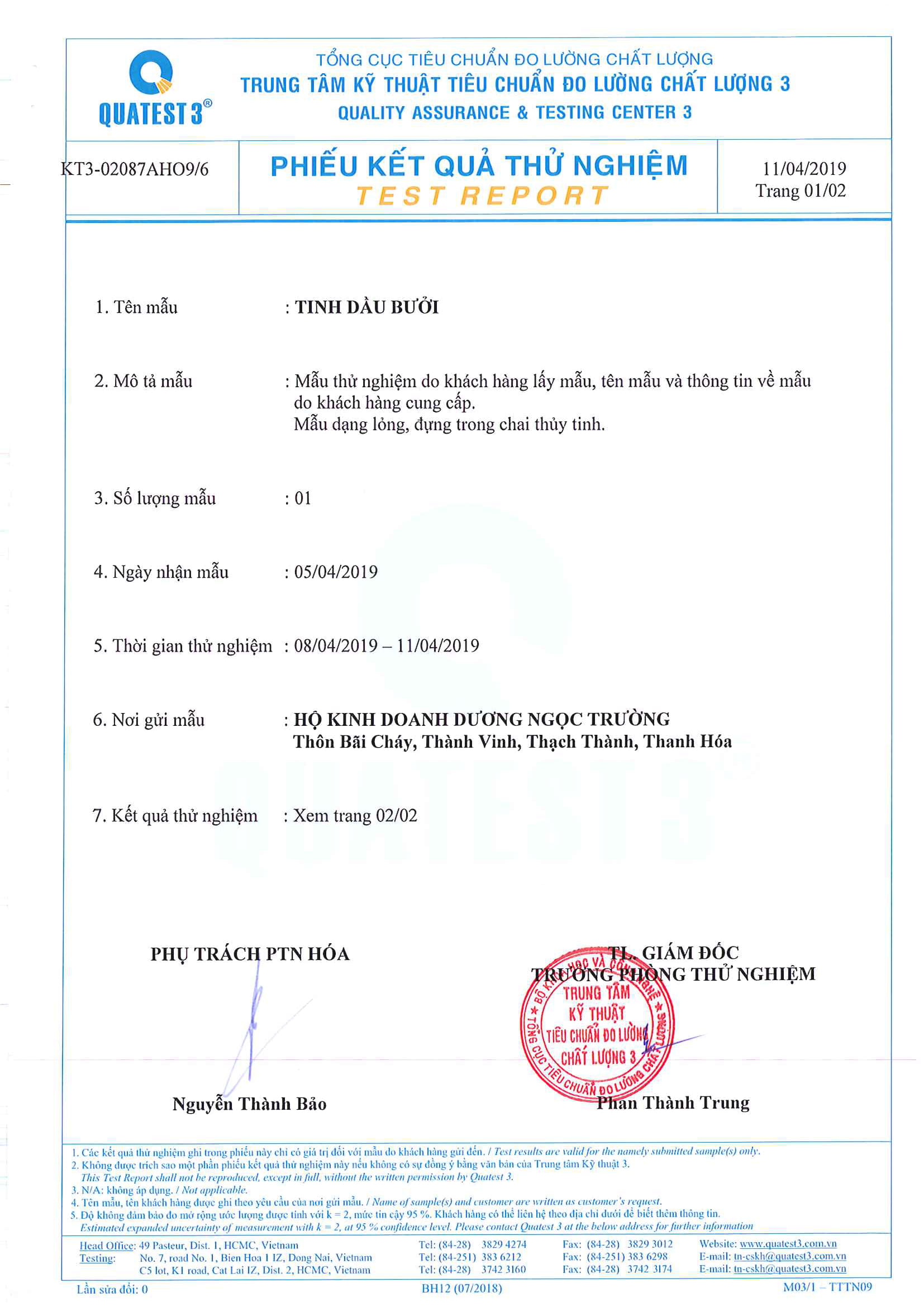 Bản kiểm nghiệm GCMS của tinh dầu bưởi Befine